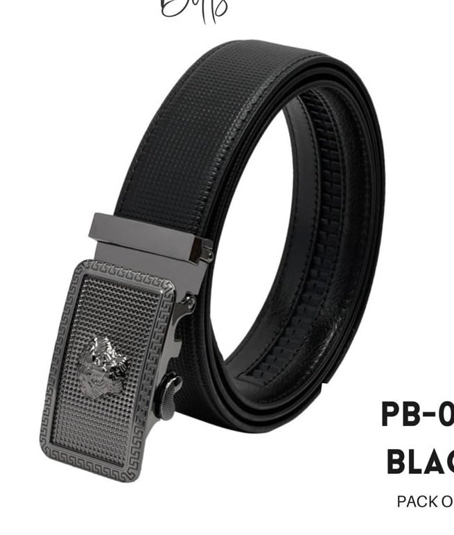 Lion Head Grid Pattern Buckle Black Strap Retractable Belt