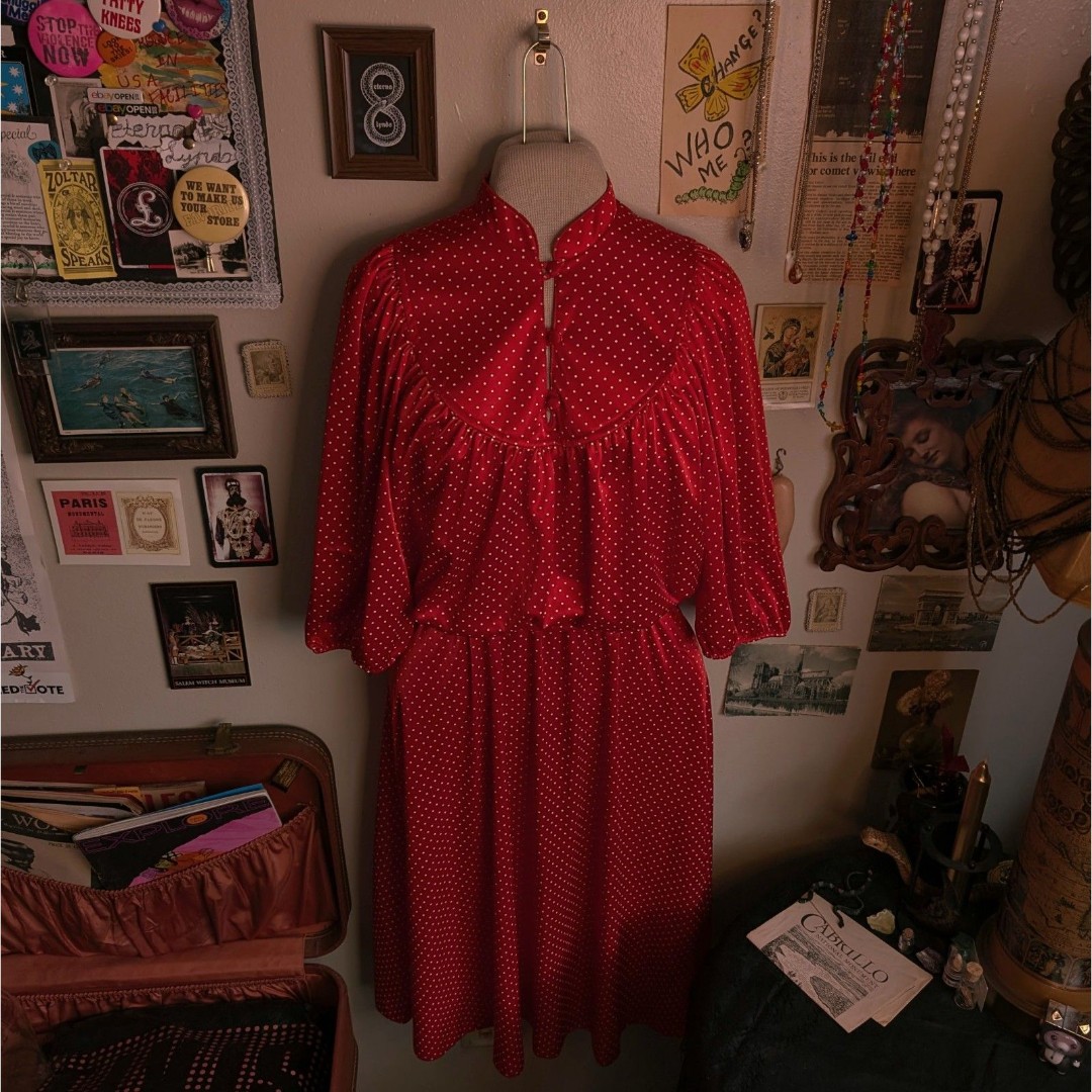 Vintage Polka Dot Satin Midi Dress Women's Medium/Large Red White Puff Sleeve