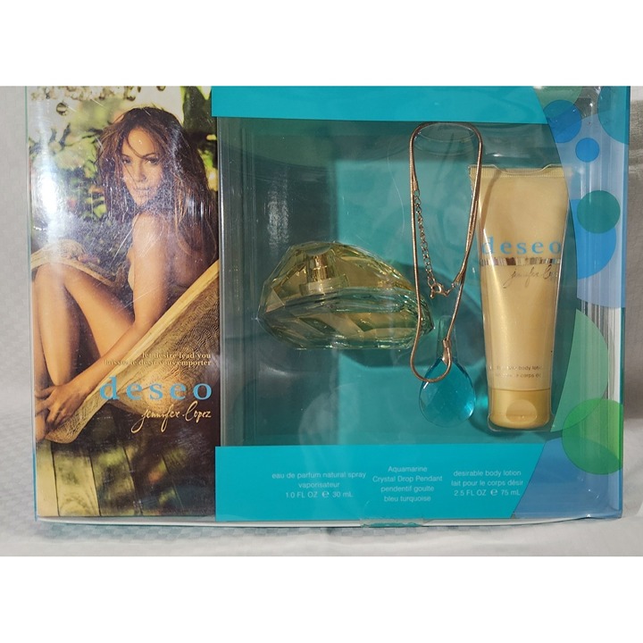 Jennifer Lopez Deseo EDP Spray Lotion Aquamarine Pendant Necklace Gift Set Rare