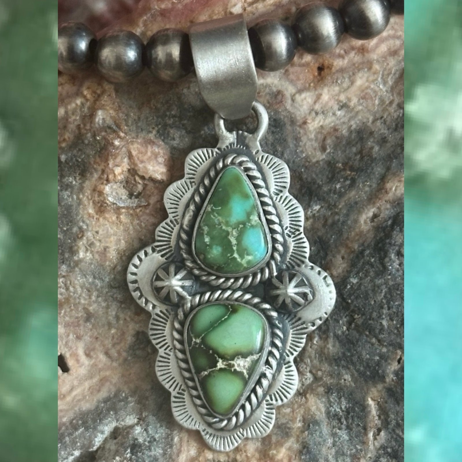 Sonoran Gold Turquoise Double Stone Southwestern Sterling Silver Pendant