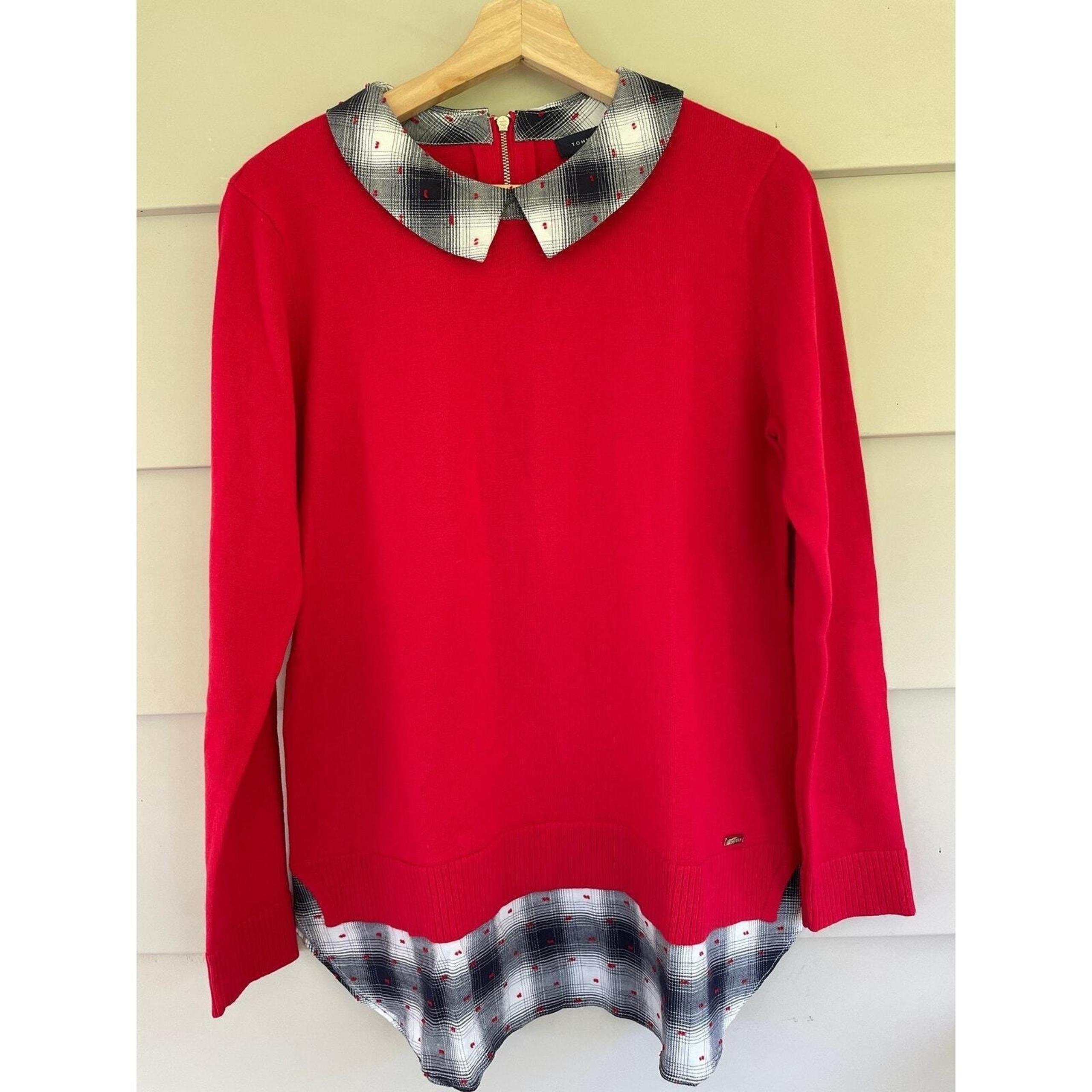 Tommy Hilfiger Layered Sweater Plaid Collar Red Long Sleeve Knit Long Tunic  L