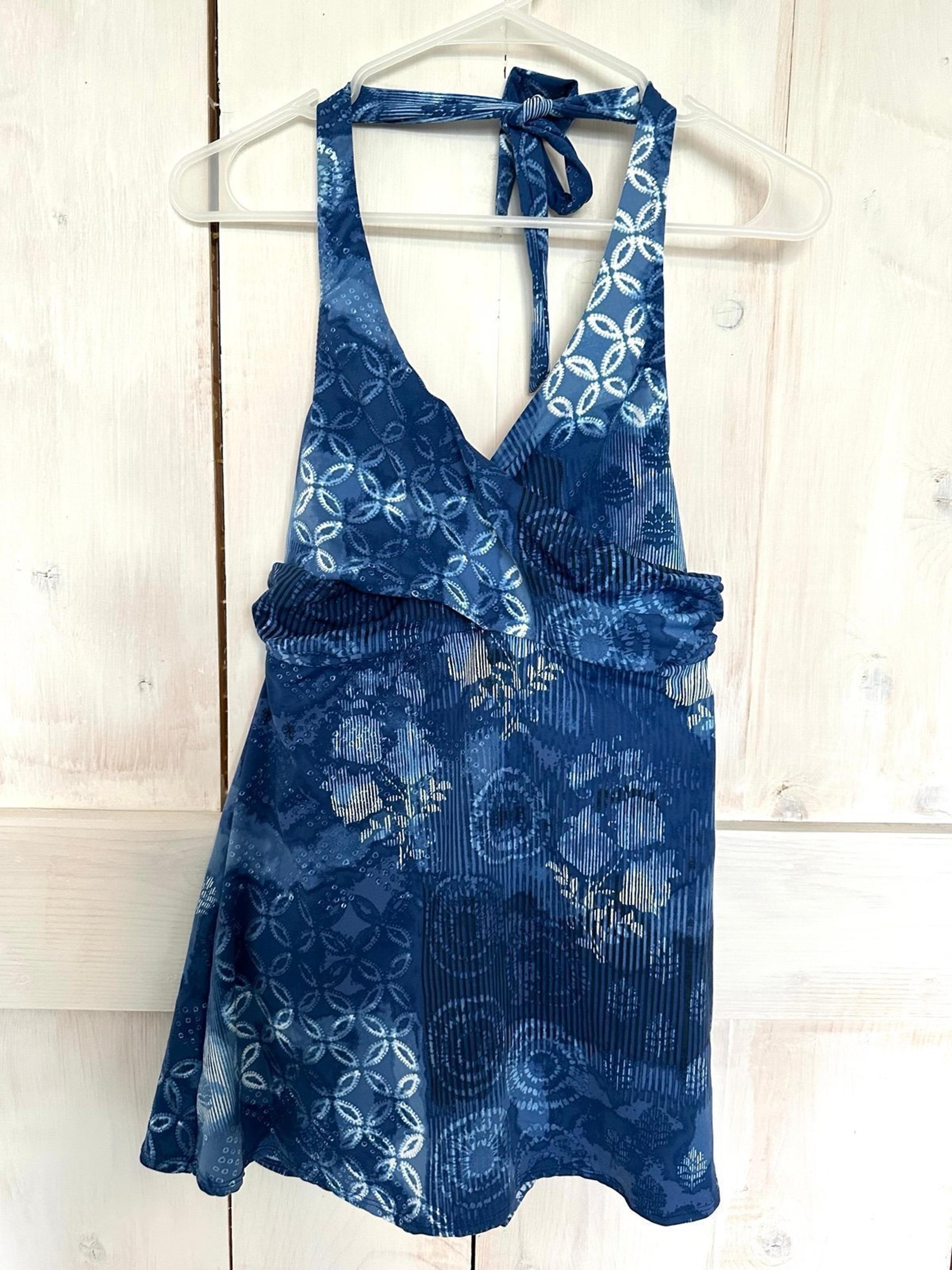 Garnet Hill Signature Crossover Swim Dress Size 4 Modest One Piece Halter Blue