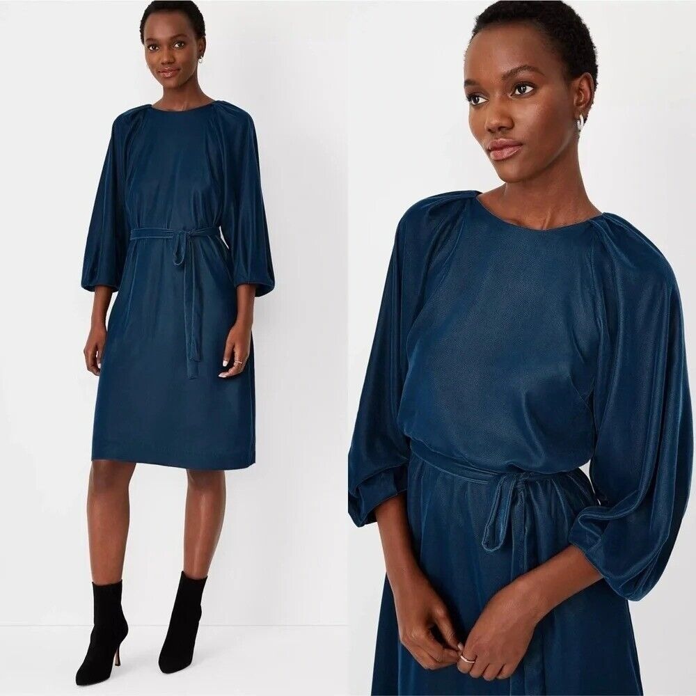 Ann Taylor Velvet Belted Shift Dress Dark Teal Blue Size 4P