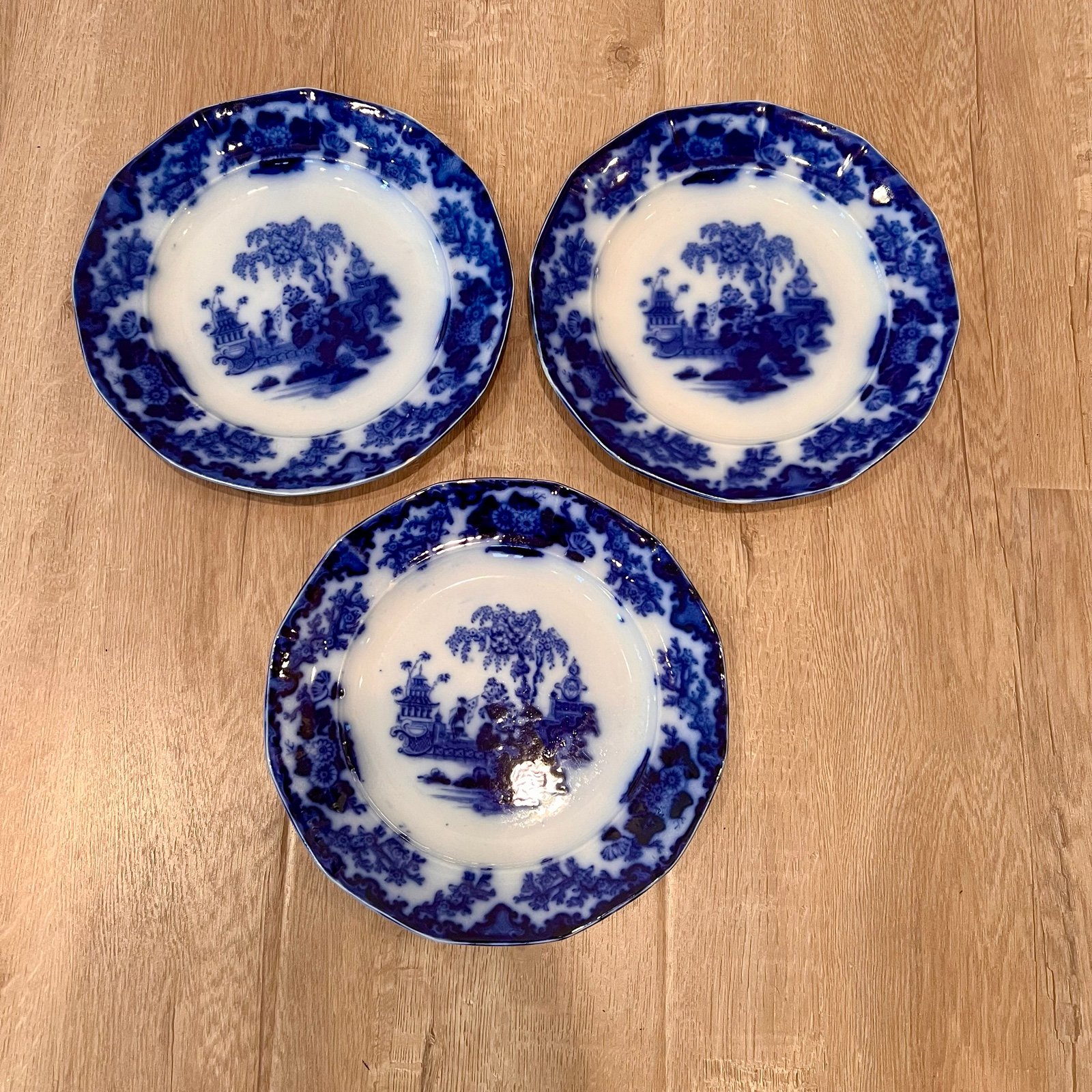 3 PCs 19th Century Flow Blue John and George Alcock Scinde 9” Plates Antique