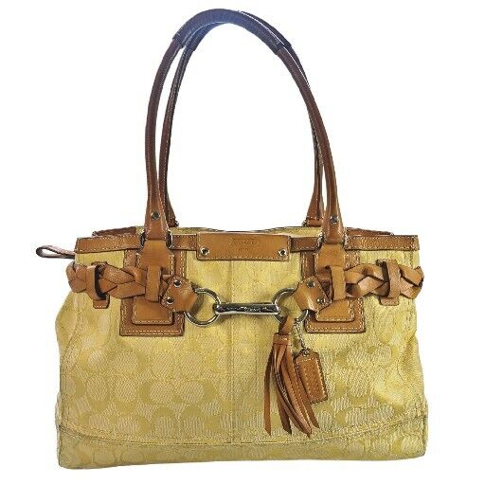 Coach Yellow Hampton Shoulder Handbag Purse Camel Leather Braided Belt Satchel