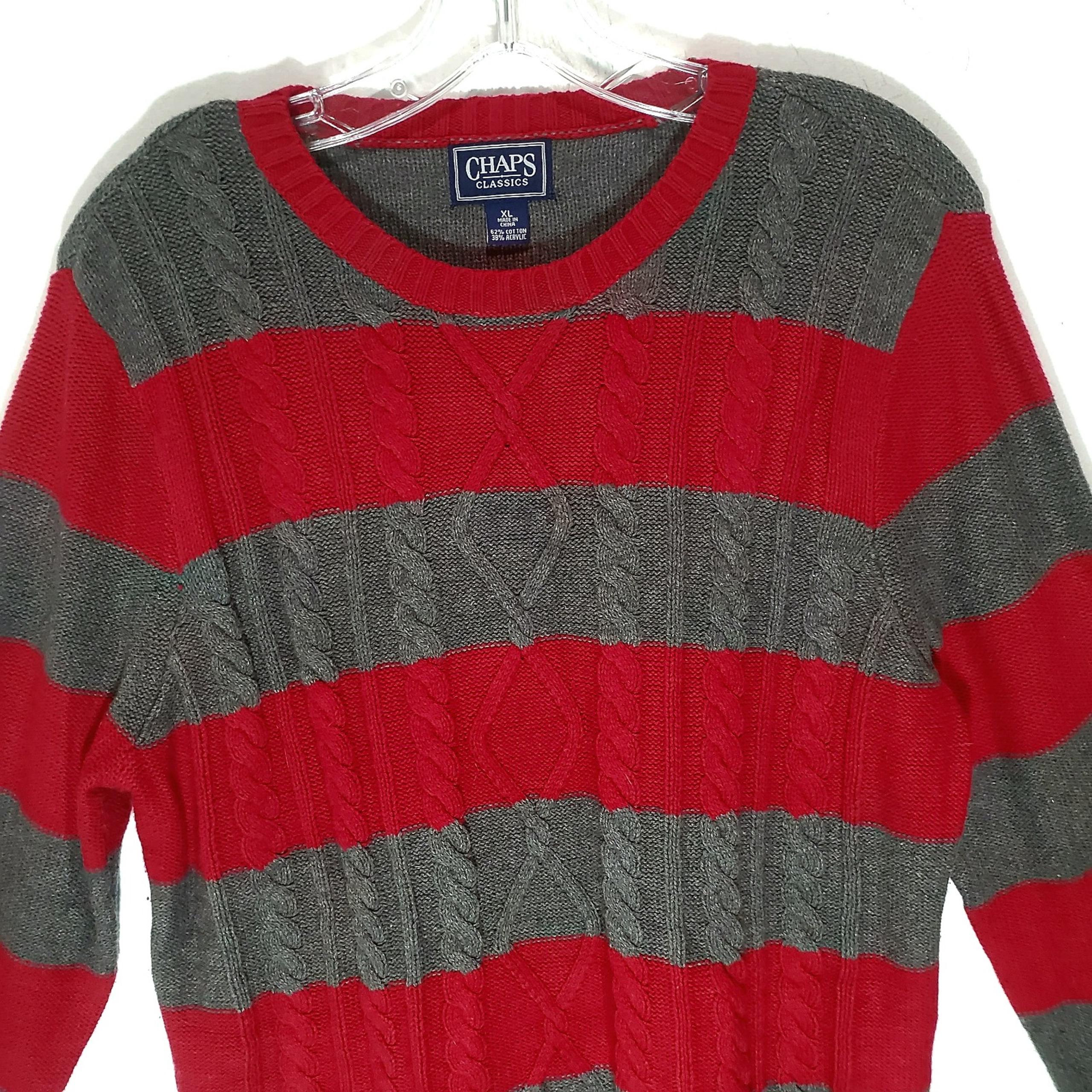 Chaps Grey Red Striped Long Sleeve Crew Neck Pullover Knit Sweater Size XL EUC