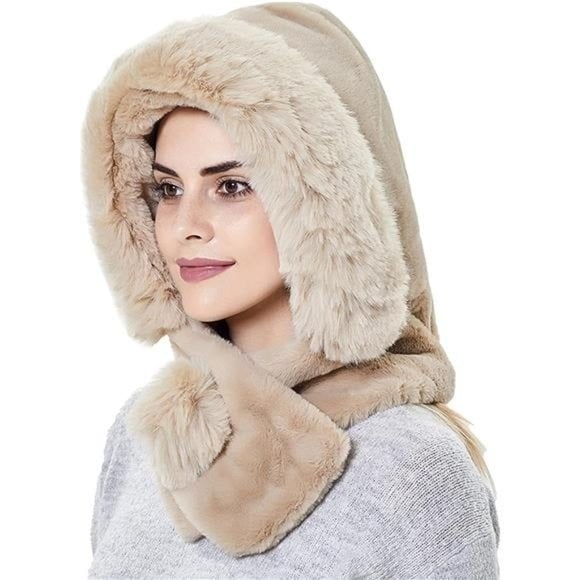 Luxury Faux Fur Pom Winter Hooded Hat Scarf Fluffy Neck Warmer Ski Hat Beige