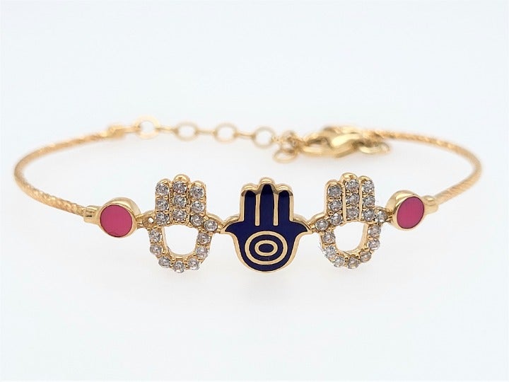 14k Gold bangle with Hands of Fatima Enamel & Zirconia