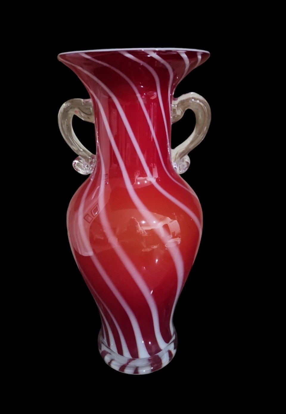 Red Hand Blown Glass Vase Candy Cane Twist Large Greek Urn Style 12