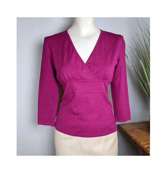Ann Taylor Fuchsia Purple 3/4 Sleeve Silk Blend Faux Wrap Knit Top Size Sz XS