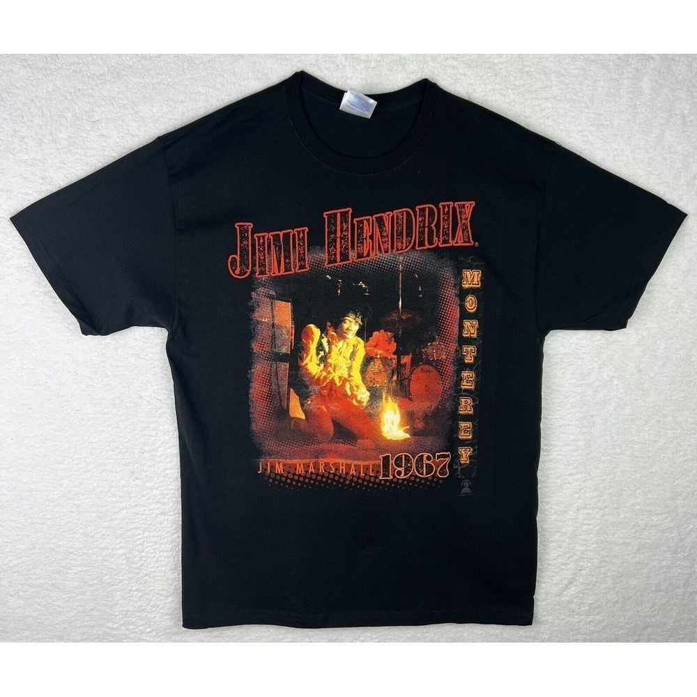 Jimi Hendrix T Shirt 1967 Monterey Jim Marshall Burning Guitar Flames Large NEW