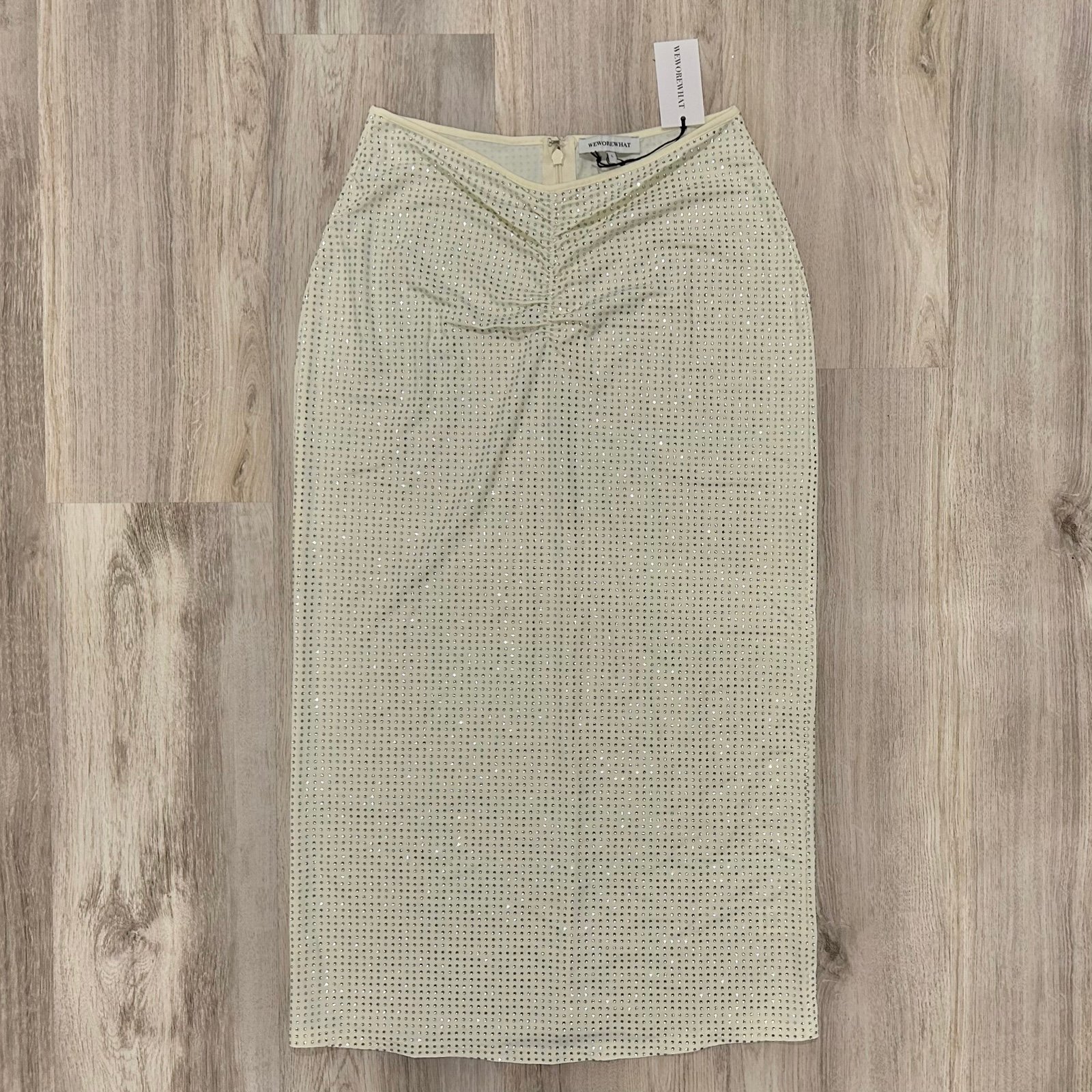 NWT WeWoreWhat Ivory Crystal Midi Skirt All-Over Rhinestone Nylon Stretch Size L