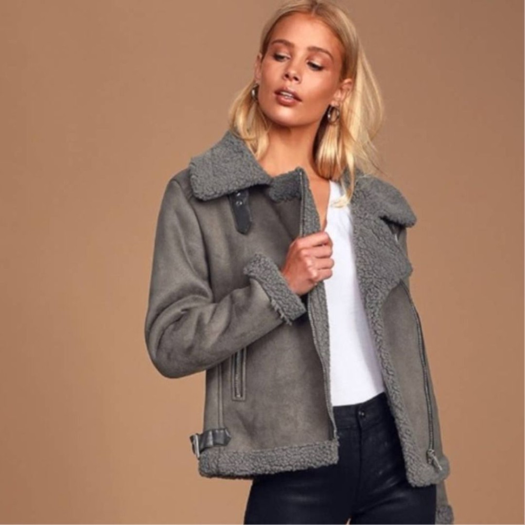 Lulus Game On Dark Grey Faux Suede Shearling Moto Jacket S