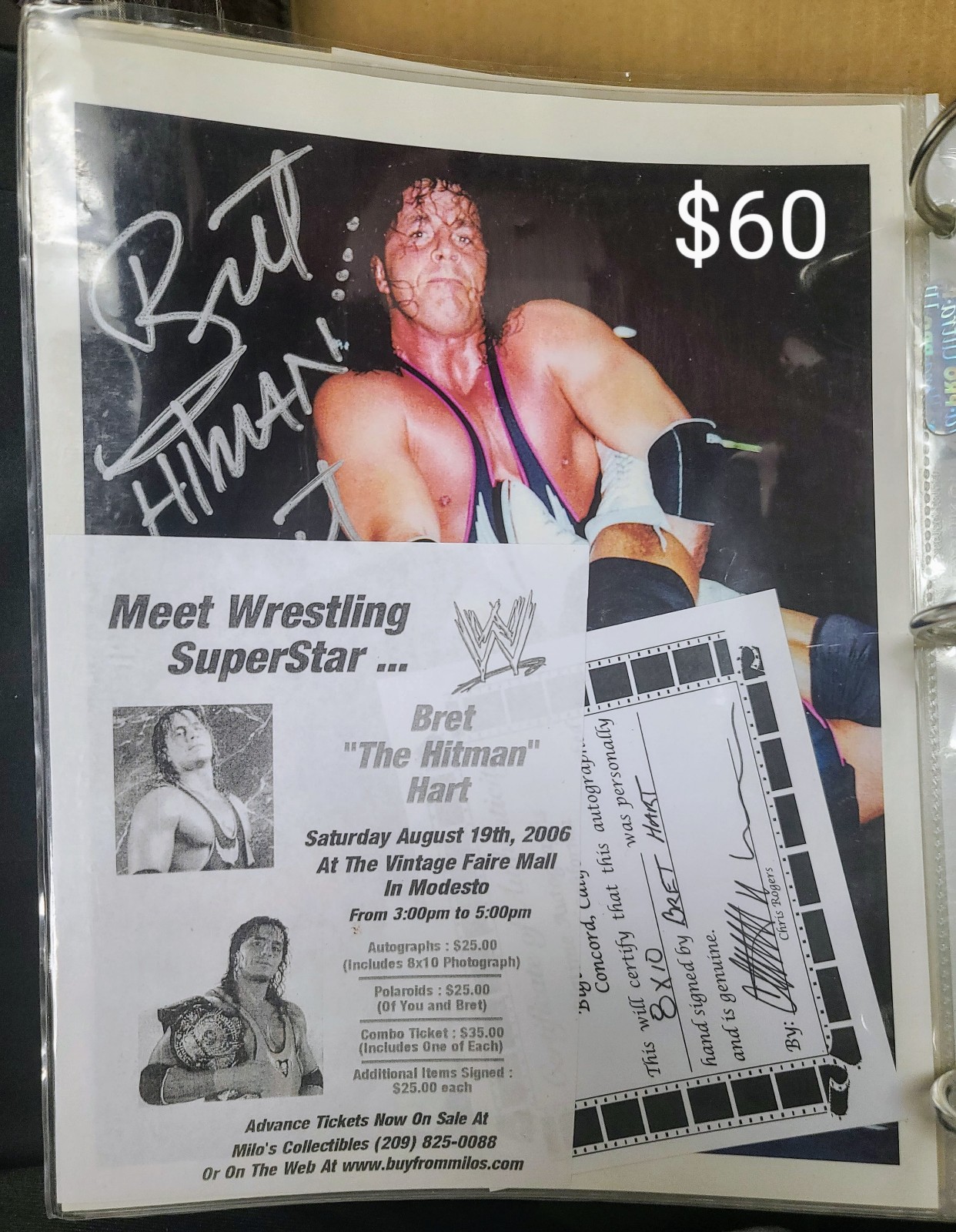 BRET THE HITMAN HART AUTOGRAPHED 8X10 WITH COA PRO WRESTLING