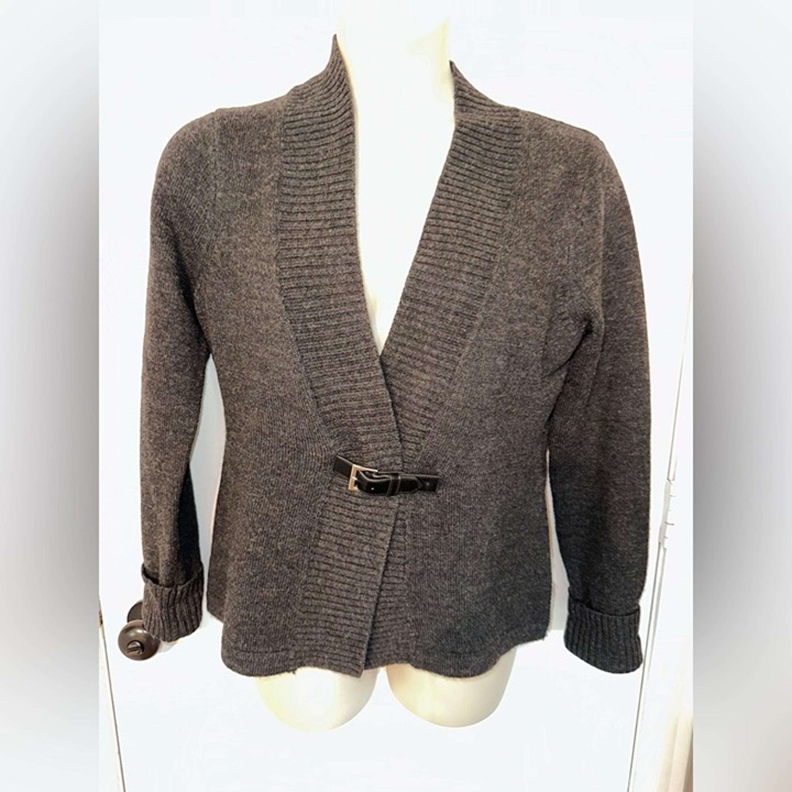 Fenn Wright Manson Gray Wool Belted Cardigan with V-Neck and Textured Knit Sz L