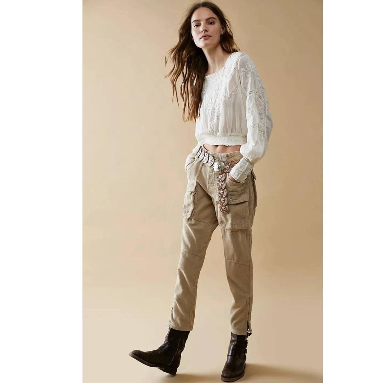 New Free People WTF London Calling Slouchy Cord Pants 198 SIZE 30 Tapioca