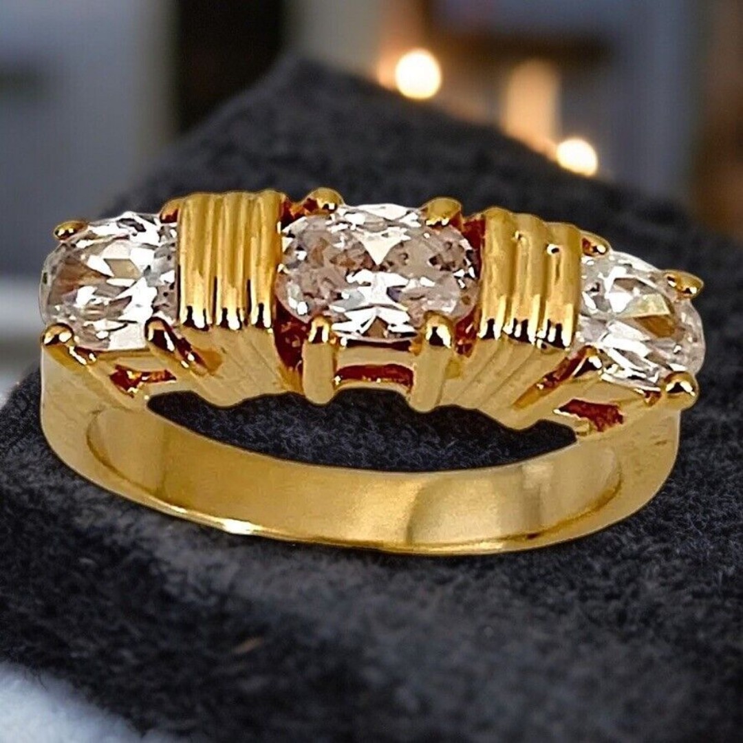 New Vintage Ring Size 6 14K Gold Plate Three Stone Cubic Zirconia MCM 14S