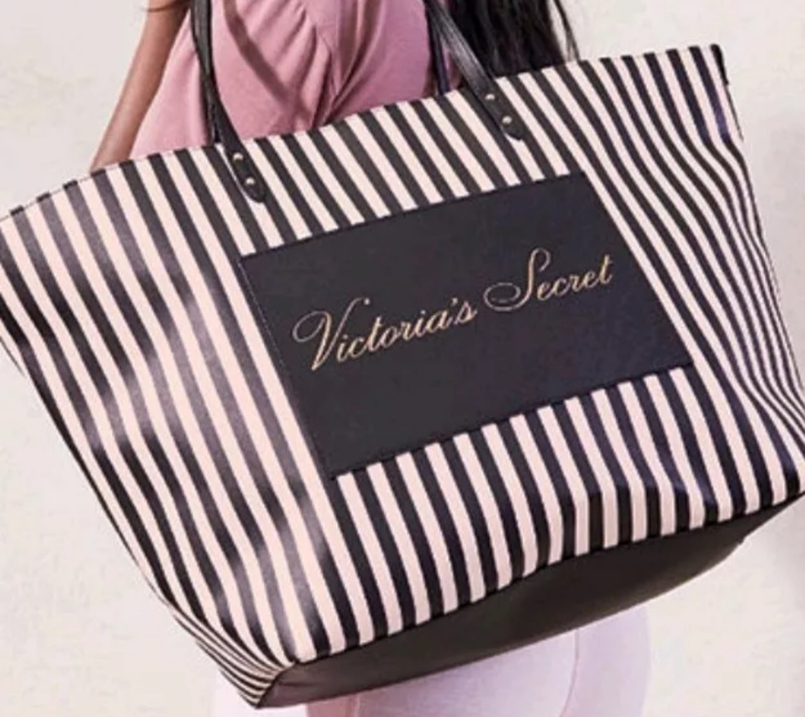 NEW VICTORIA SECRET TOTE BAG SIGNATURE STRIPES PINK/BLACK FAUX LEATHER