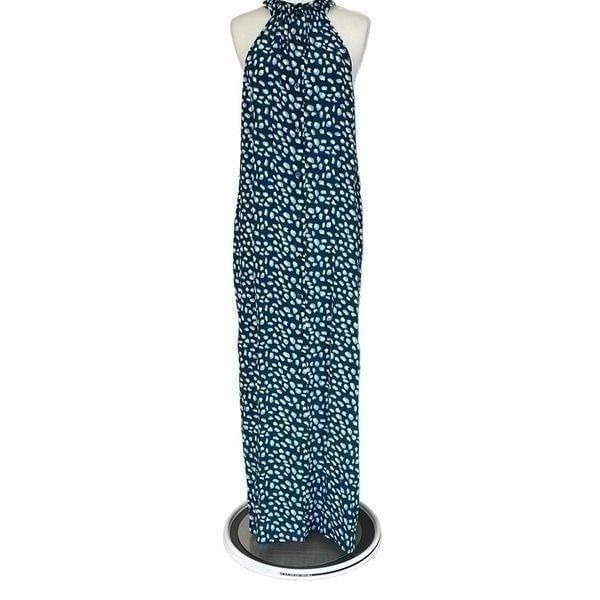 New Tucker 100% Silk A Line Maxi Dress Button Front Size S Navy Animal Spot 99