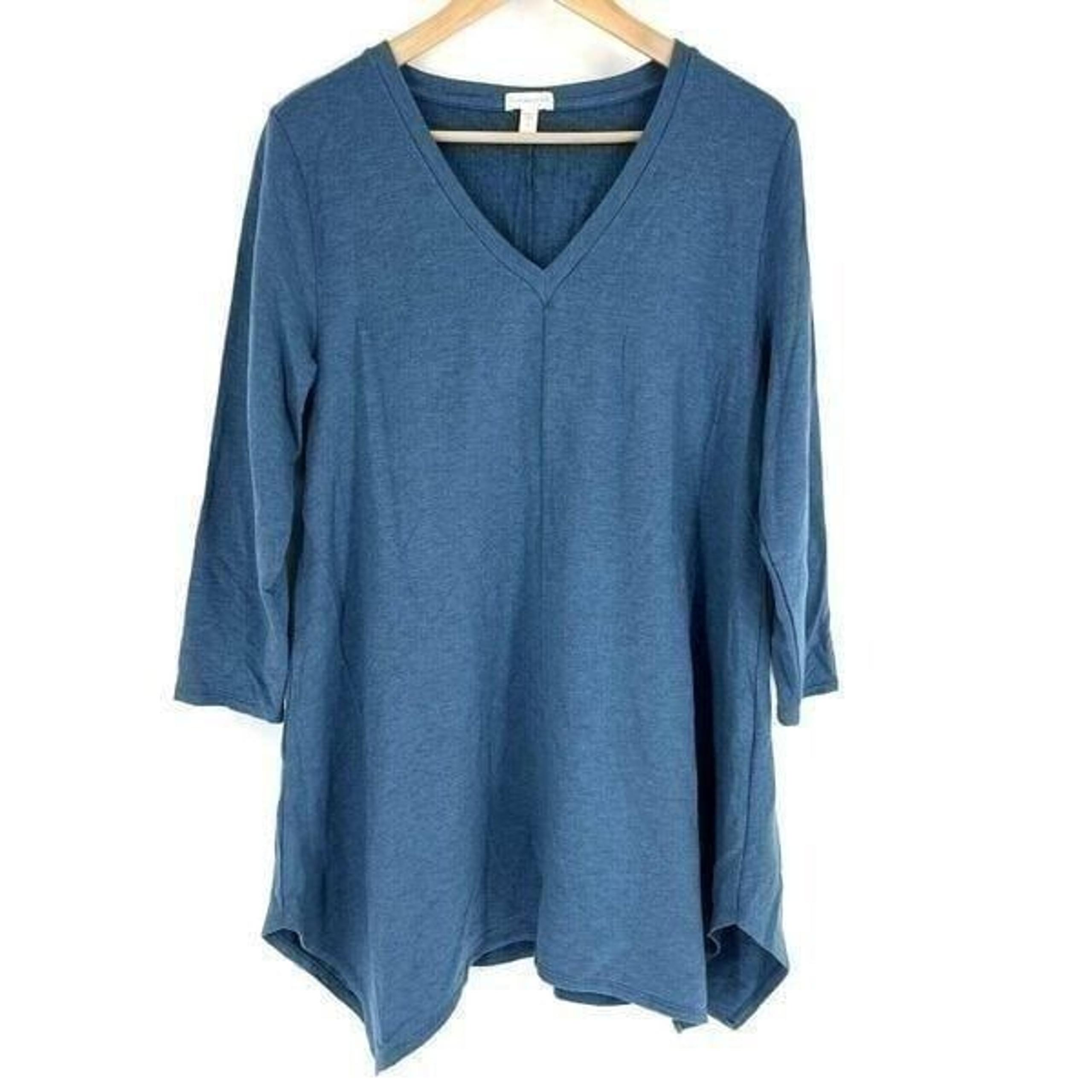 Garnet Hill Shirt Size Medium Teal Blue Pop Over Knit Asymmetric Tunic Top VNeck