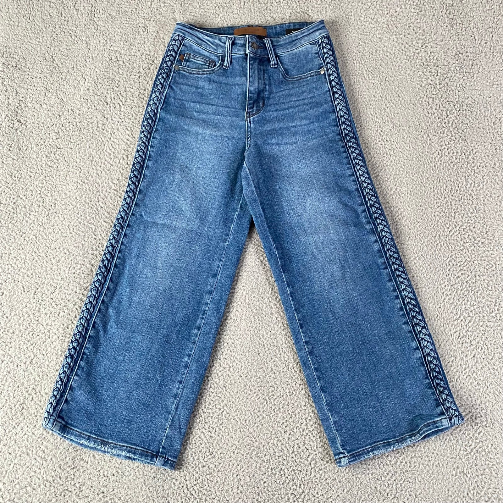 Judy Blue Wide Leg Jeans Womens 1/25 x 23 Blue Cropped Braided High Rise Stretch