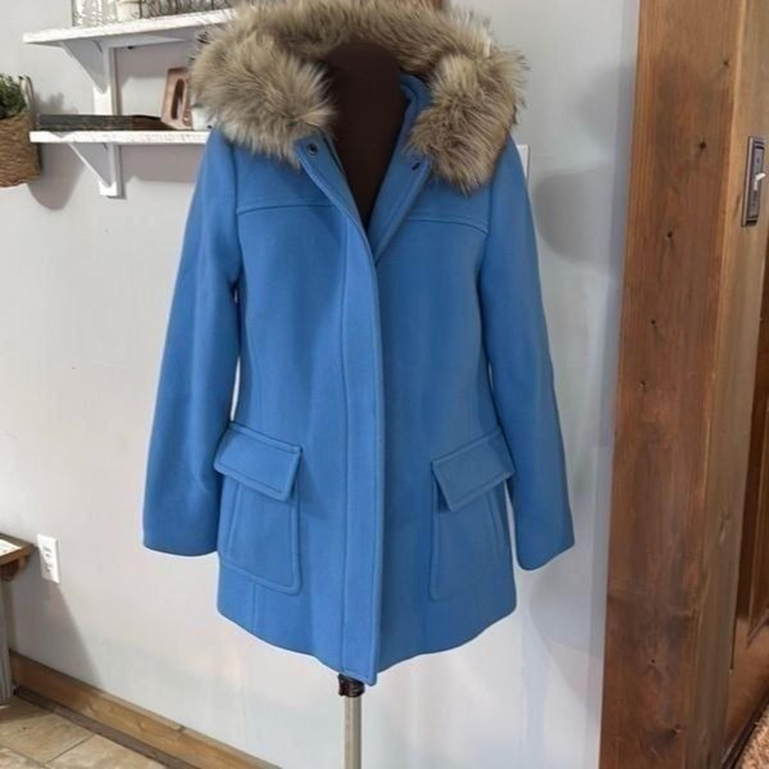 Talbots Albury wool blend faux fur hooded pea coat jacket womens size 4 blue