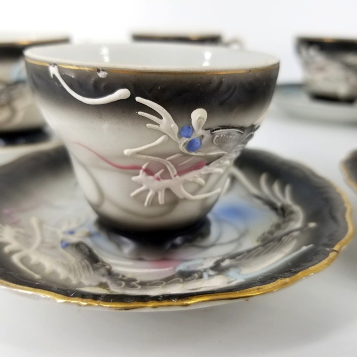 Dragon Ware Japanese Moriage Tutani Set 6 Demitasse Coffee Cup Saucer