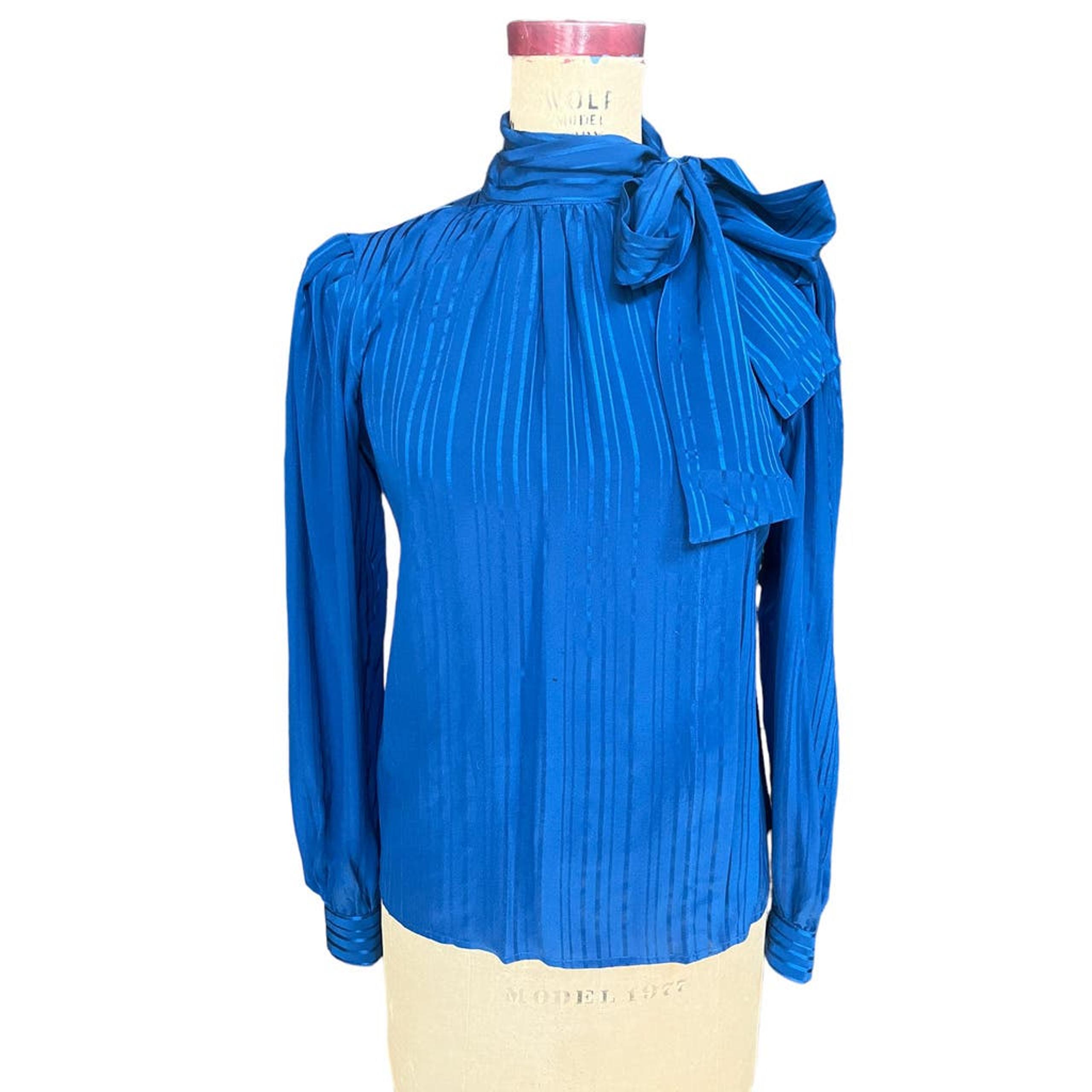 Levante Womens Blouse Blue Silk Striped Long Sleeves Button Up Tie High Neck 6