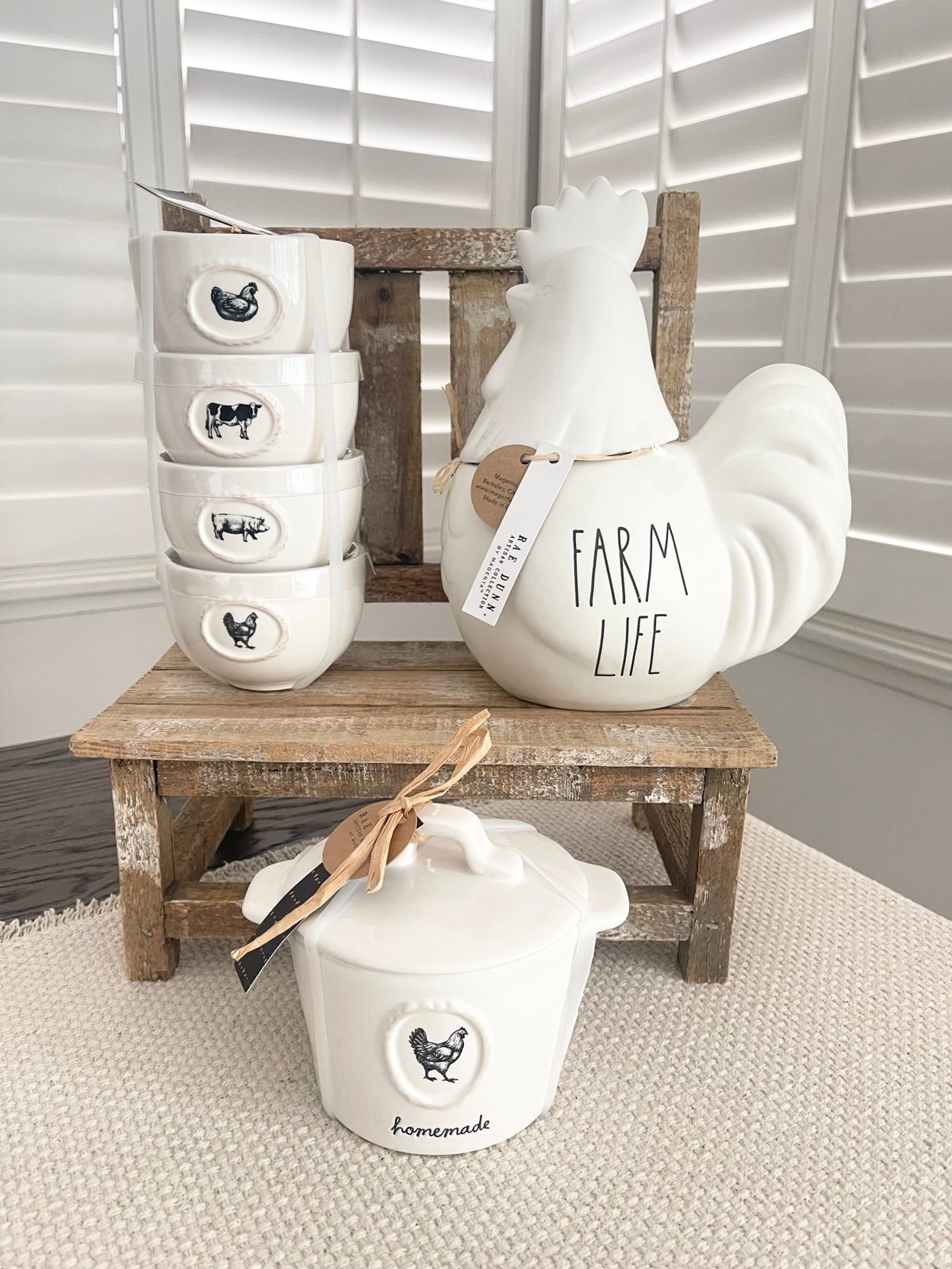 Rae Dunn “FARM LIFE” Rooster Chicken/Hen Canister, mini Crock, and Ramekins set