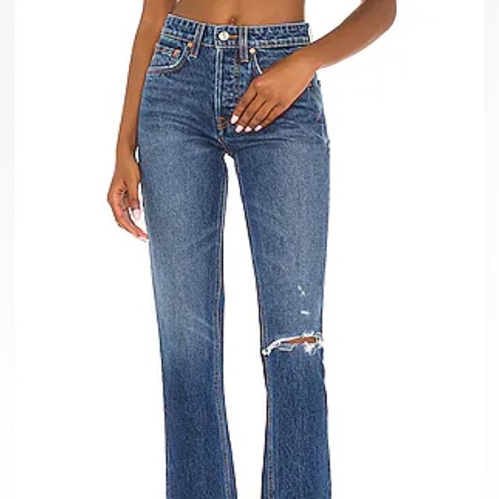 GRLFRND Helena High Rise Straight Leg Jeans Blue Size 26 Distressed