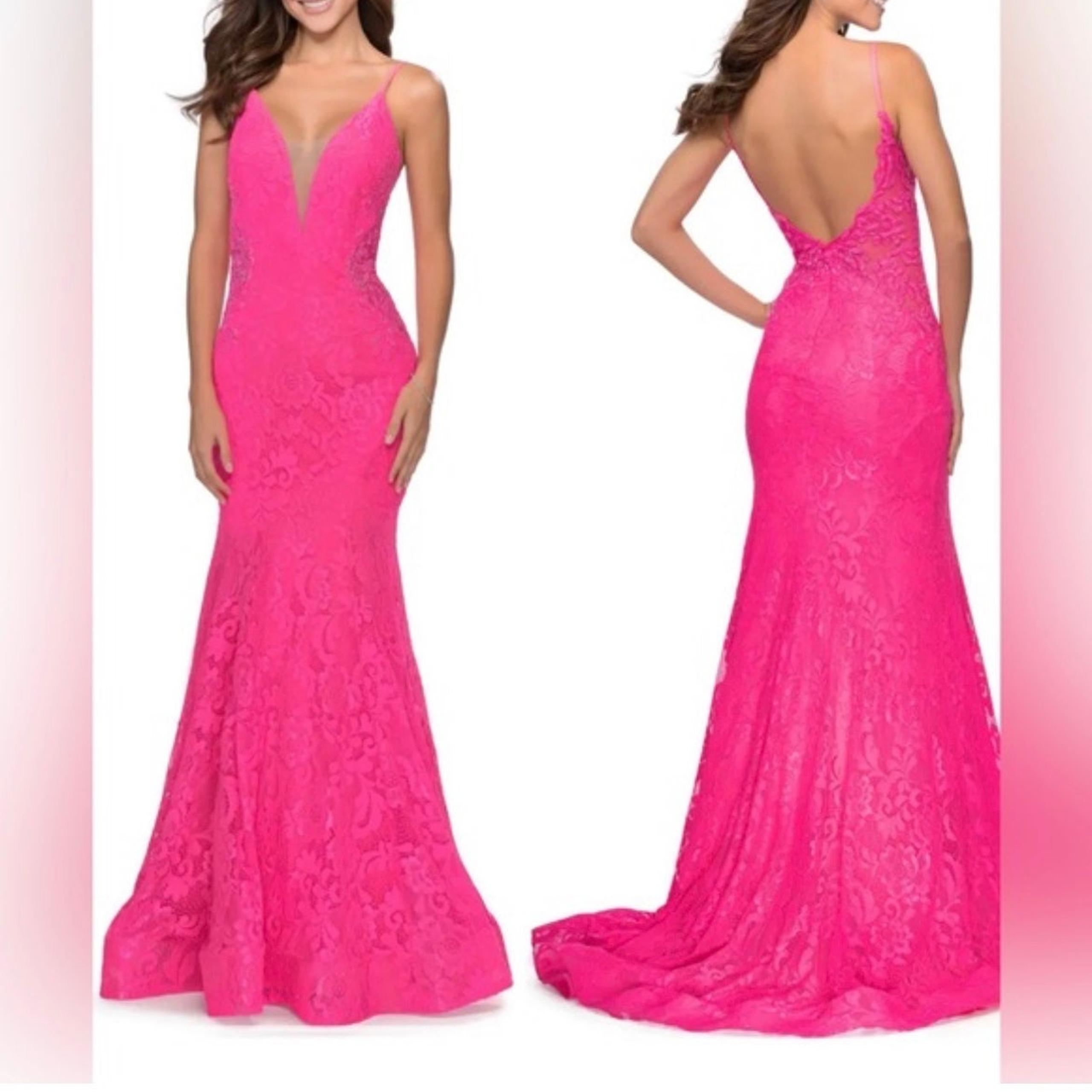 La Femme Sequin Lace Neon Pink Dress