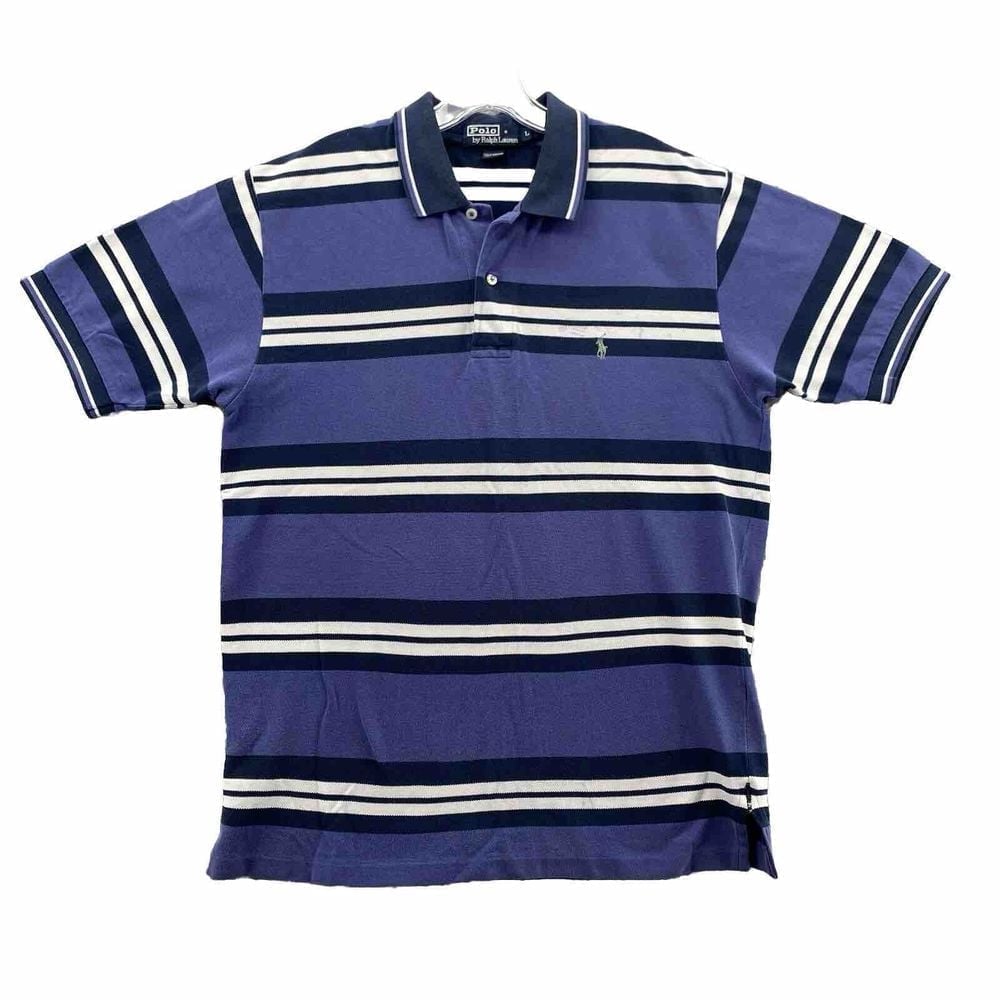 Vintage Ralph Lauren Polo Shirt Men's Large Blue Striped Cotton 90's Core Pony