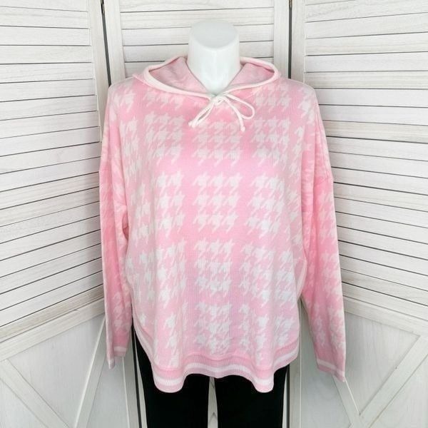 Crown & Ivy Houndstooth Hooded Long Sleeve Poncho Sweater Pink White Large