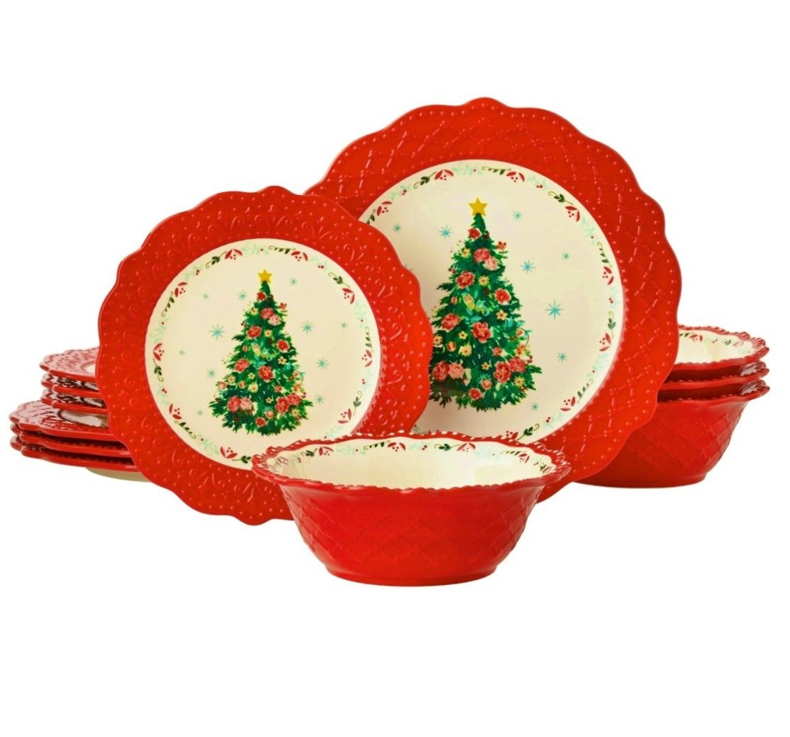 Pioneer Woman 12 Piece Merry Meadow Tree Stoneware Dinnerware Set