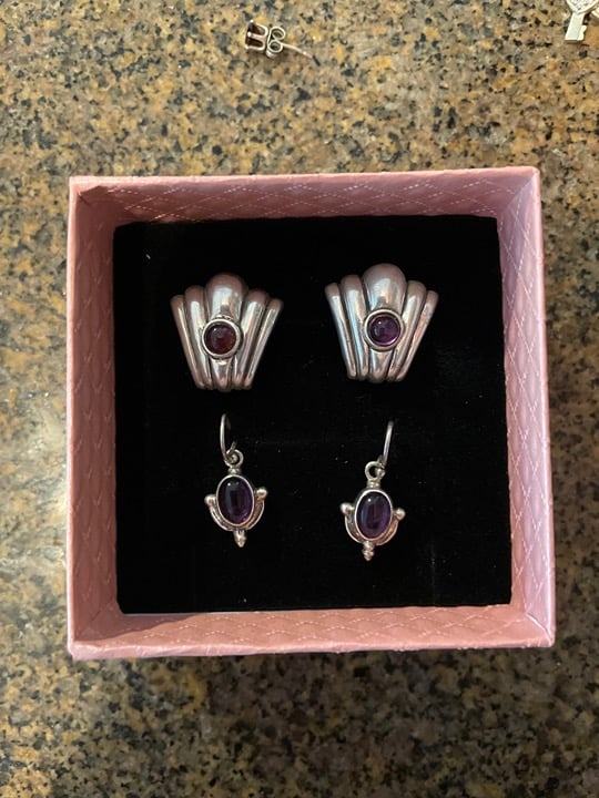 Vintage Sterling Sliver Earrings with Purple Stones Set of 2