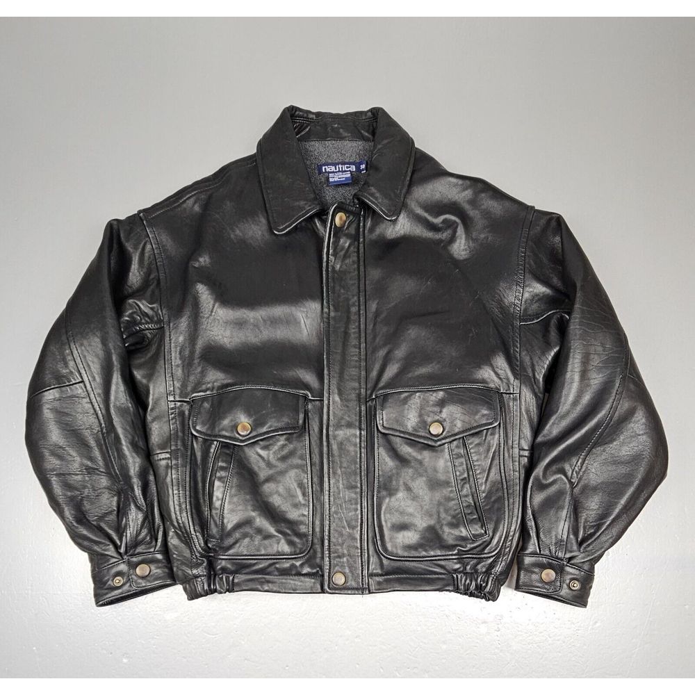 Nautica Leather Bomber Jacket Mens 38 Medium. Vintage Black Soft Leather.