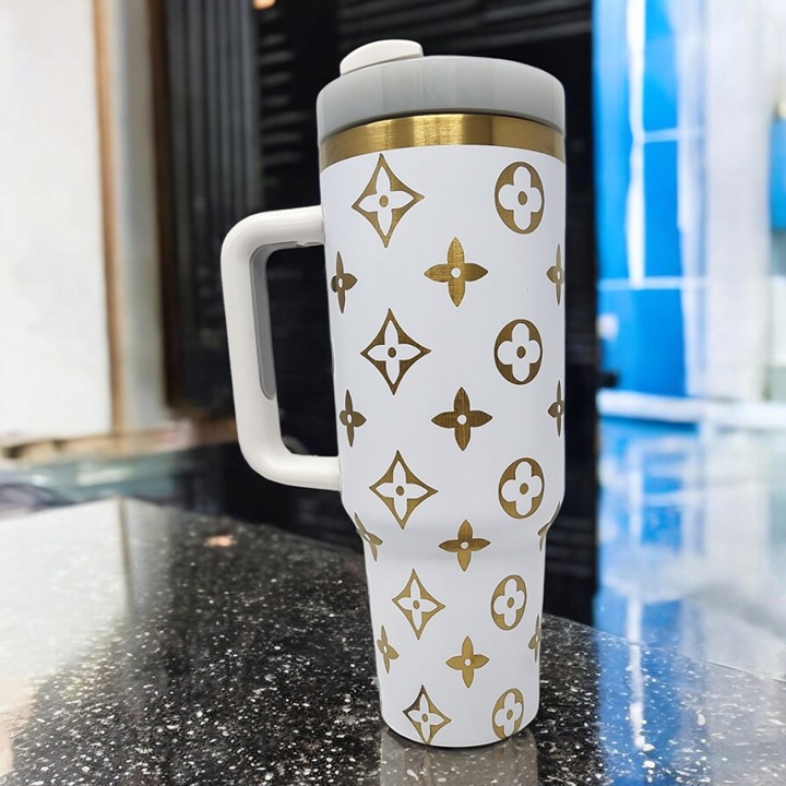 40oz White and Gold Laser Engraved Tumbler