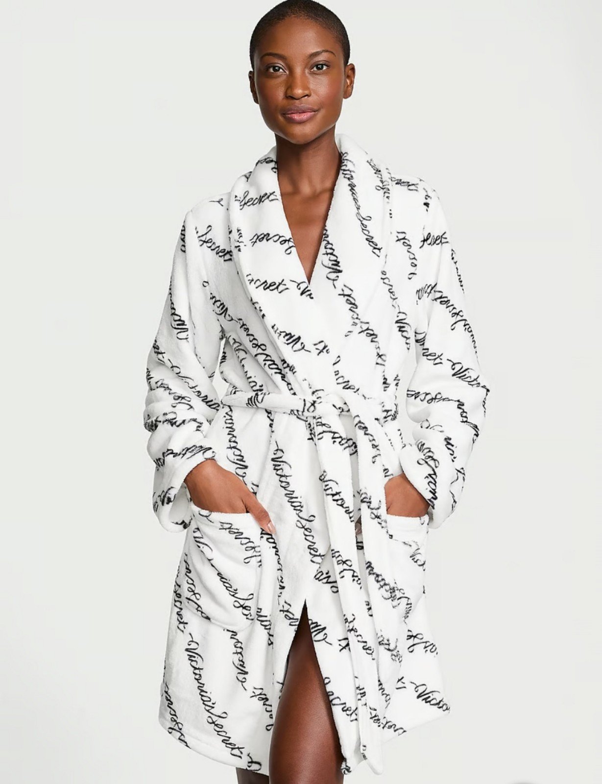 Victoria's Secret Short Cozy Robe Coconut White Ribbon Script M/L
