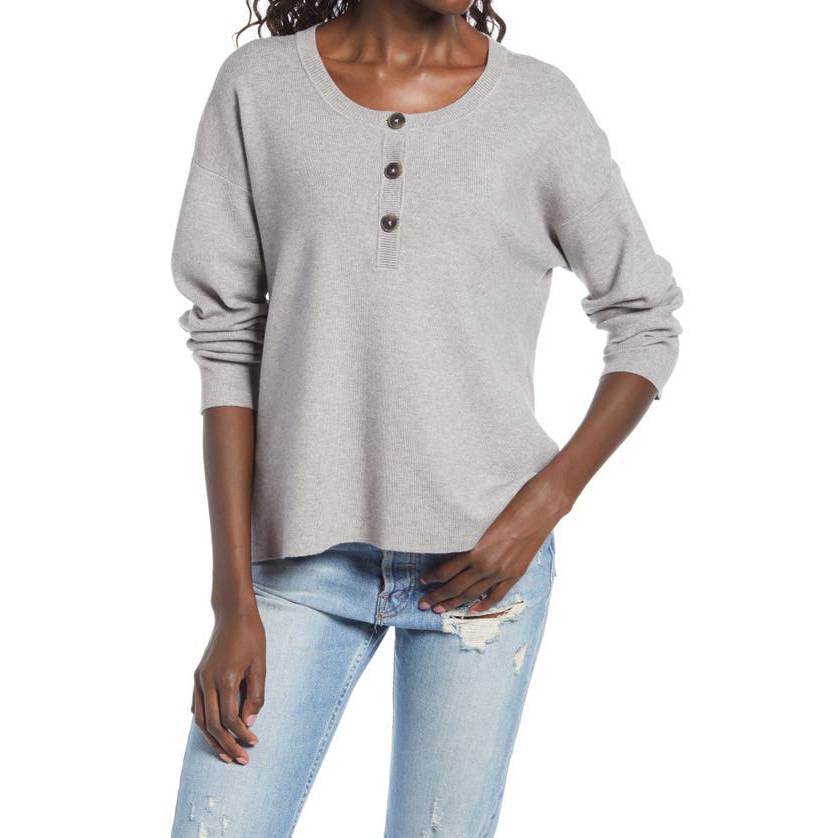 WAYF Kerry Henley Sweater In Heather Grey Medium