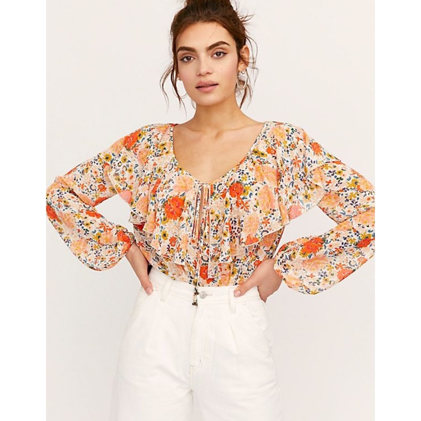 Free People Sheer Say It To Me Floral Ruffle Long Sleeve Bodysuit