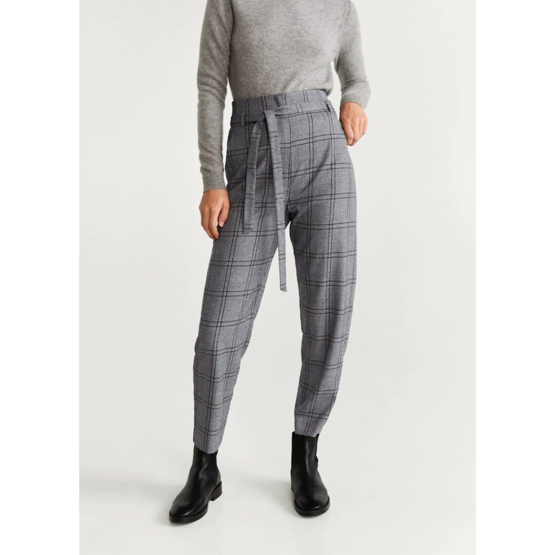 Plaid High-waisted Belted Trousers