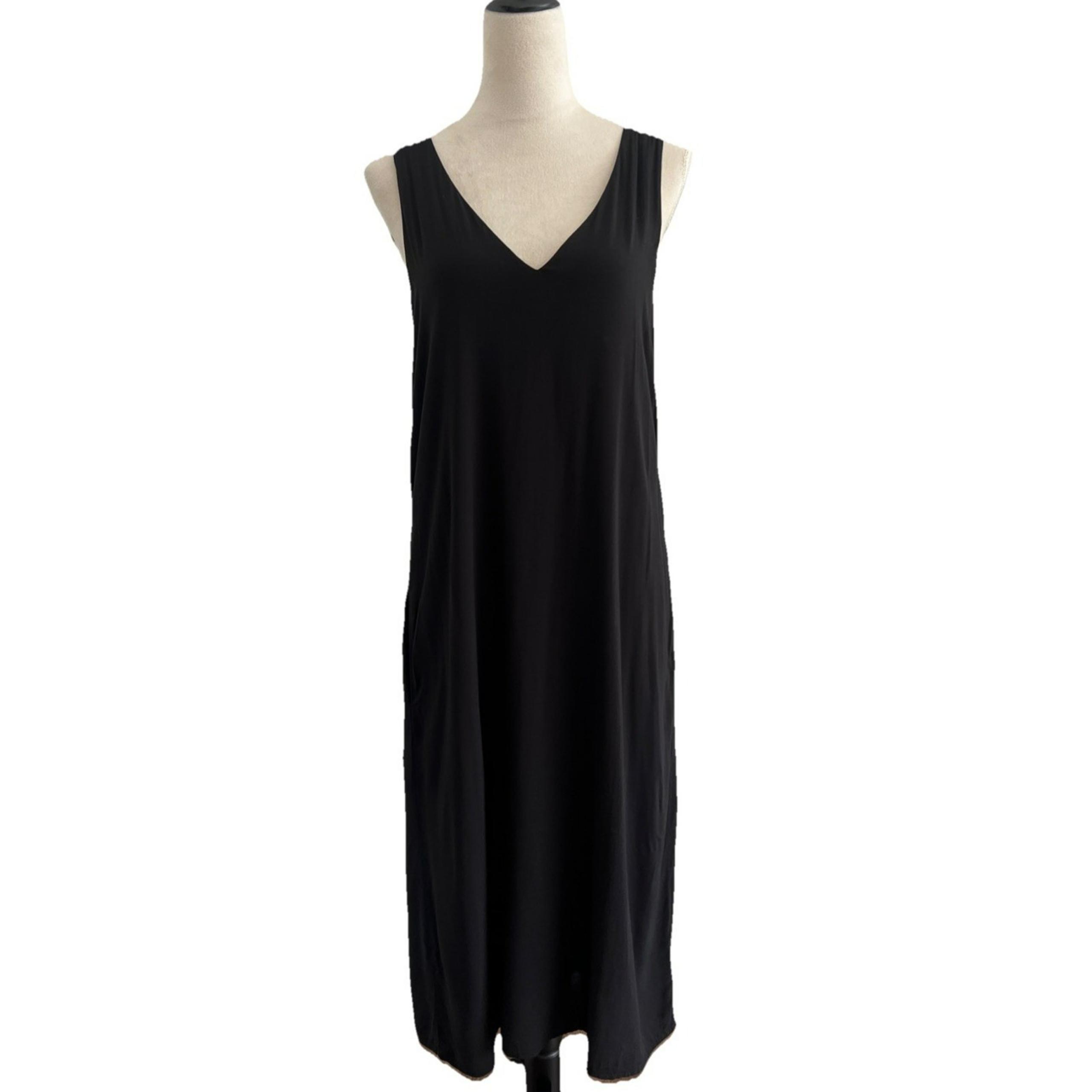 Standard James Perse Dress Womens 1 Small Black Midi Twist Back V-Neck Pockets