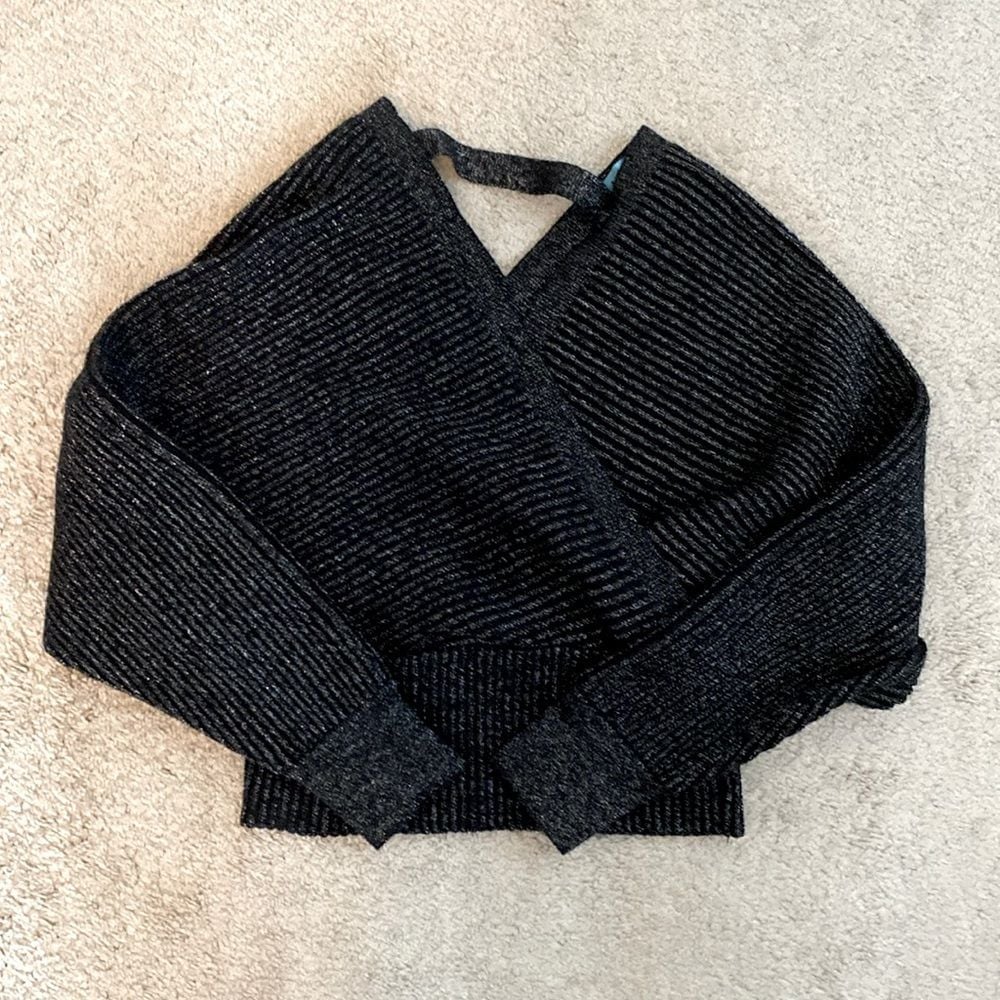 Anthropologie Plus + Sweater Off the Shoulder Open Back Black w Silver Glitter S