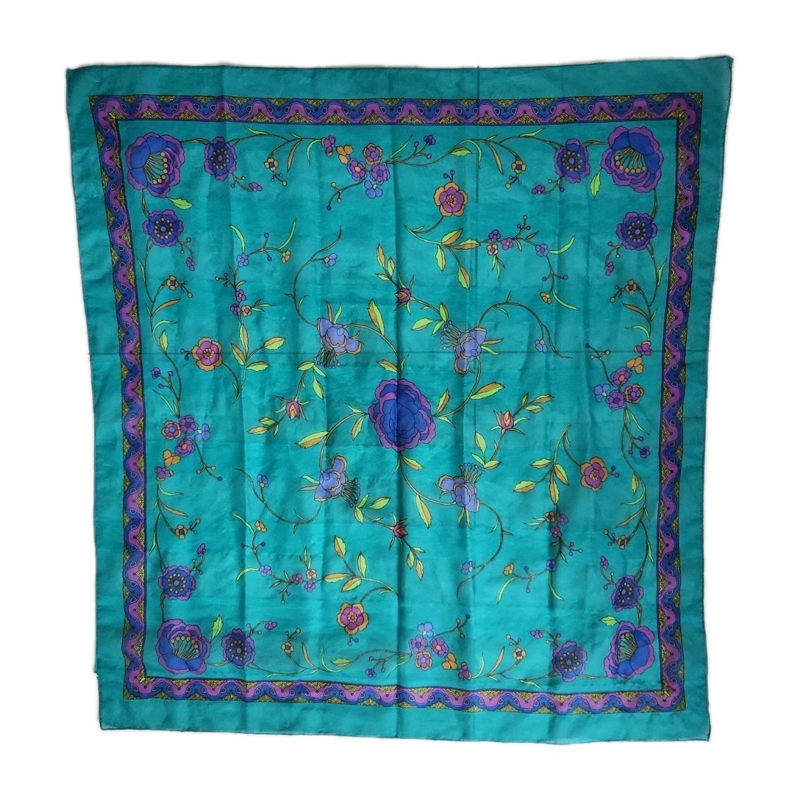 Vintage Silk Floral 31” Square Scarf Multicolor Turquoise Good Condition