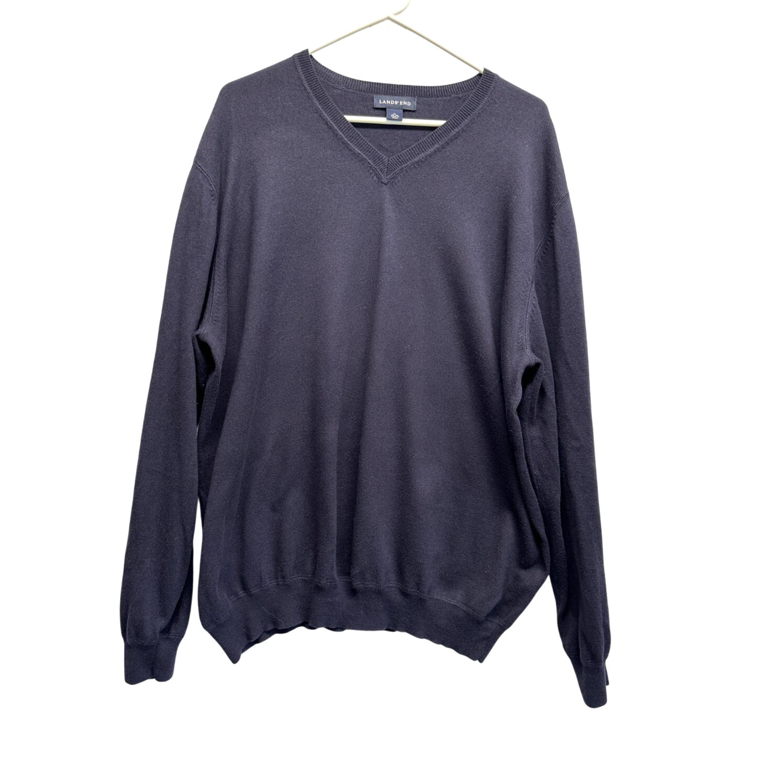 Vintage Lands' End Cotton Cashmere Sweater Mens XL 46-48 Blue V Neck Pullover