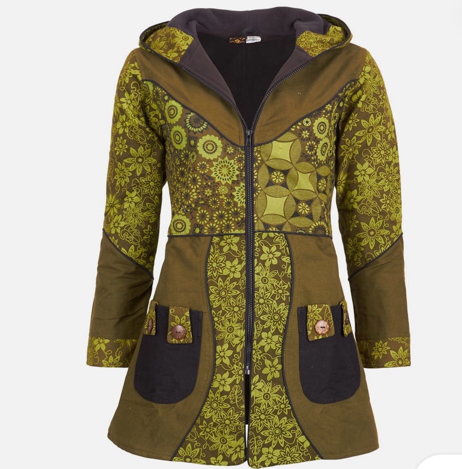 Kunst und Magie Women’s Hooded Coat with Flower Print BOHO Hippie Size M