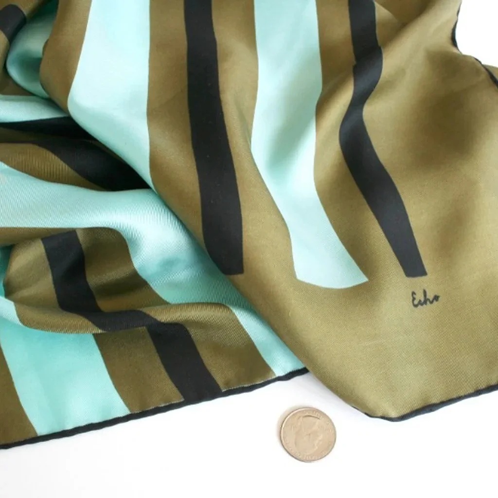 Vintage Echo silk scarf mod retro striped olive green aqua black color block lg
