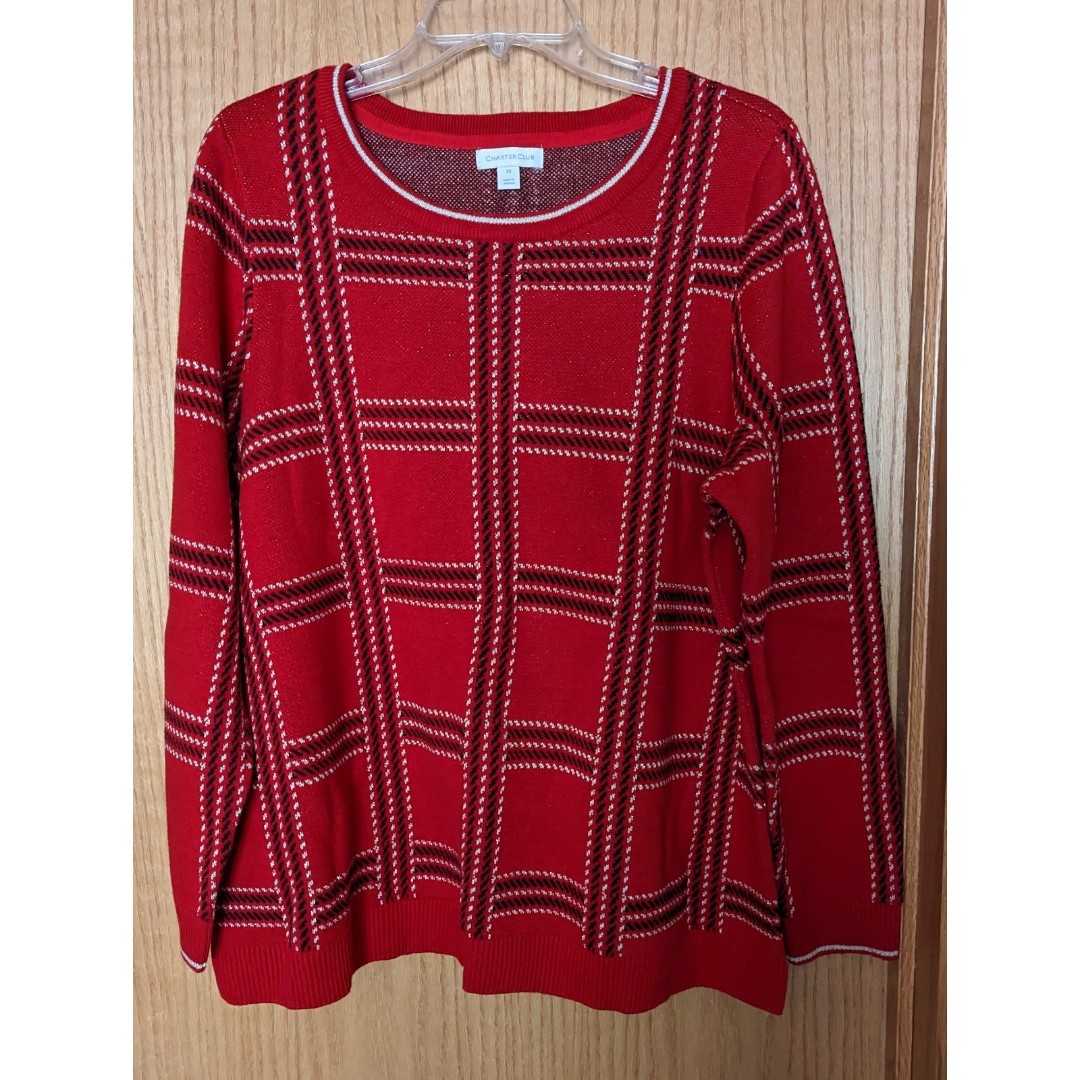 Charter Club red w/black & silver stripes long sleeve sweater size 2X