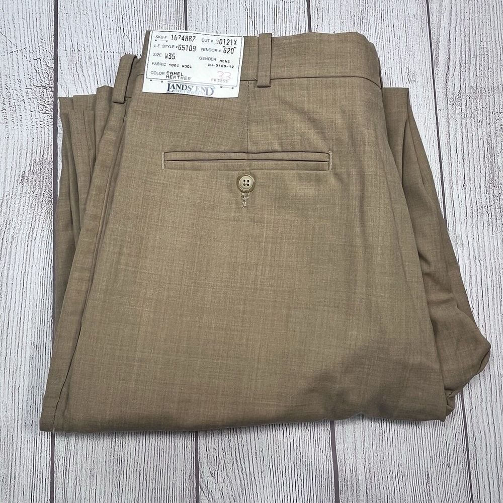 Vtg Lands End Dress Pants Pleated Cuffed Slacks 100% Wool Sz W35 Beige Tan