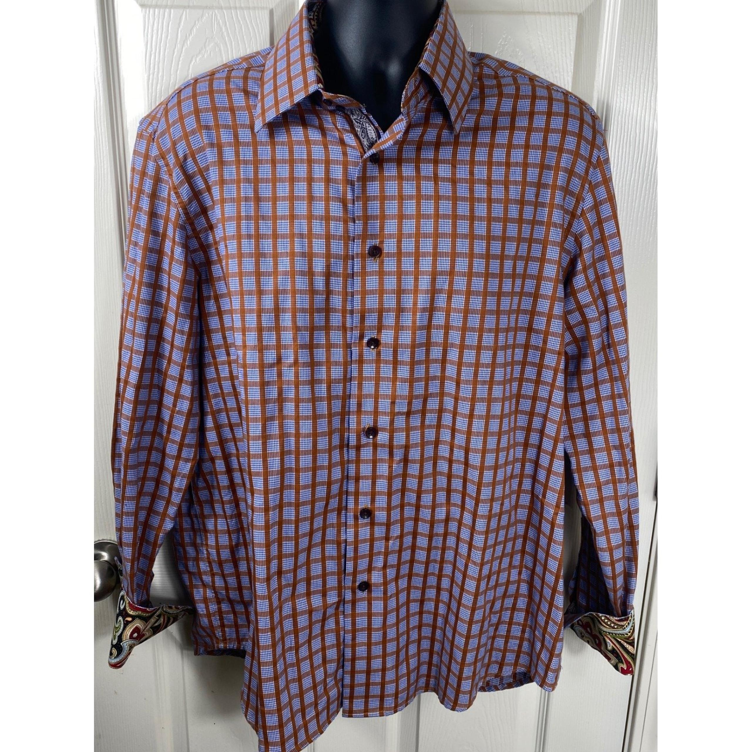 INSERCH Icon Men's Plaid Button Up Long Sleeve Shirt Contrast Collar & Cuffs  XL